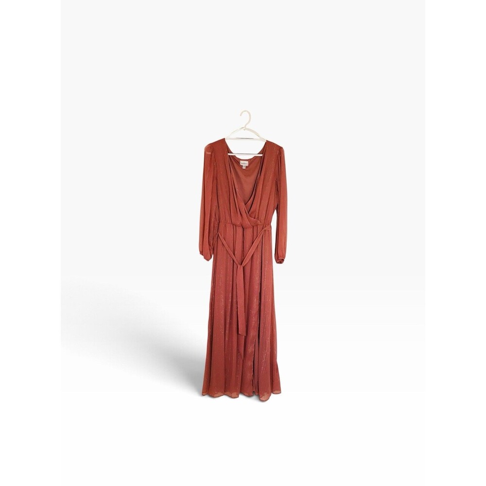 Premier Amour Women's Long Sleeve V-Neck Rose Gold Chiffon Maxi Dress Size 14